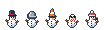 Snowmen in a top hat, a bucket, a traffic cone, sunglasses and a bubble pipe