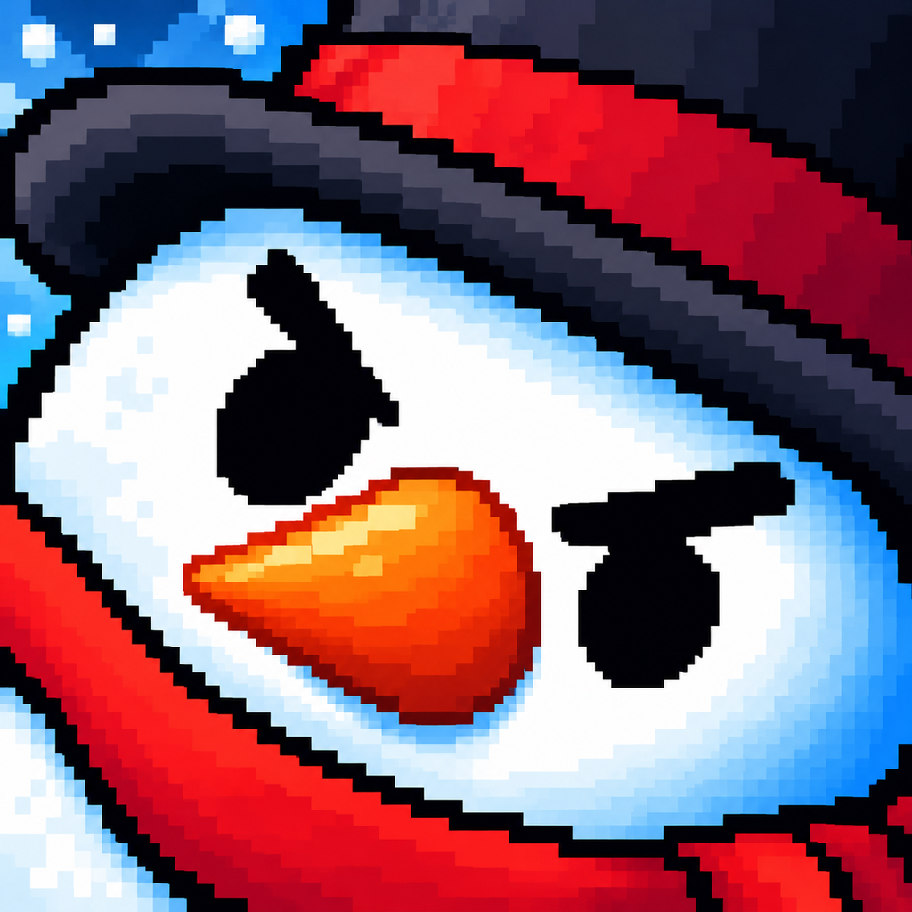 The Snowman 3000 app icon: a scowling snowman in a top hat and red scarf